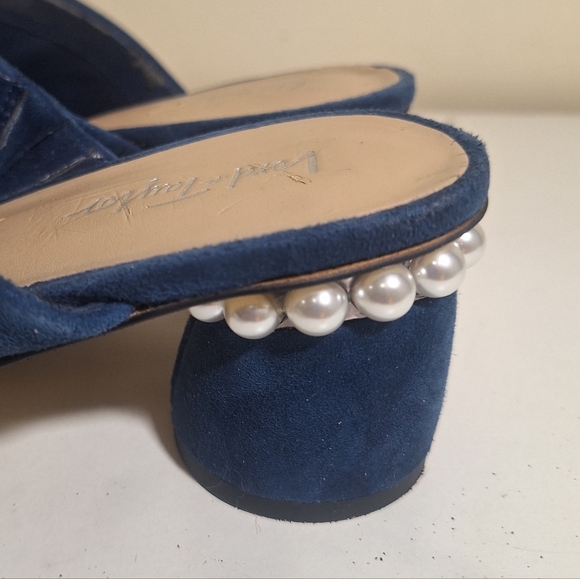 Lord & Taylor Pearl Trim Round Block Heal Nave Blue Suede Mules Size 9 - Picture 3 of 12